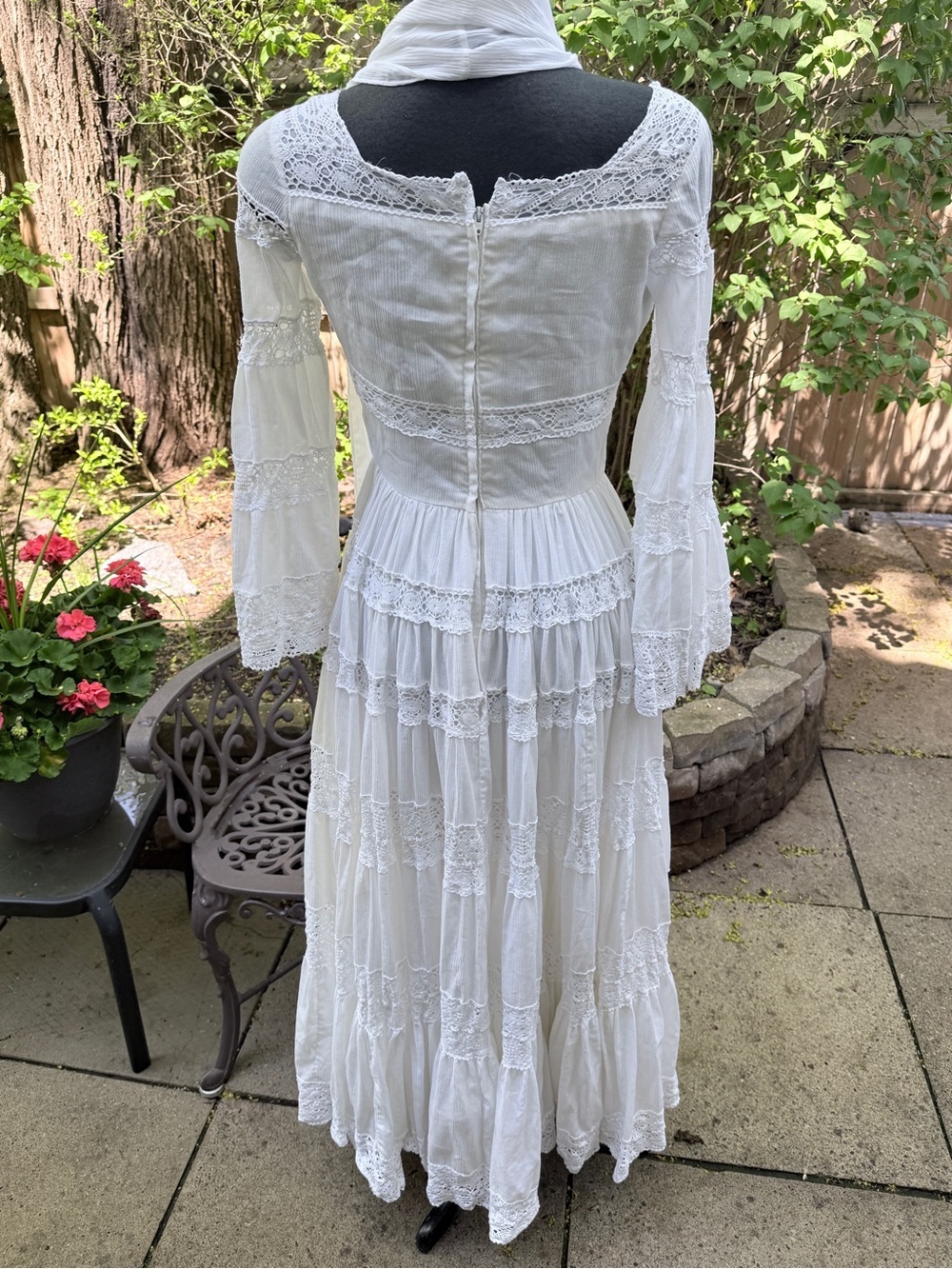 VINTAGE 70s Lily Simon Montreal Lace Prairie Maxi Dress + Matching Scarf - Picture 5 of 14